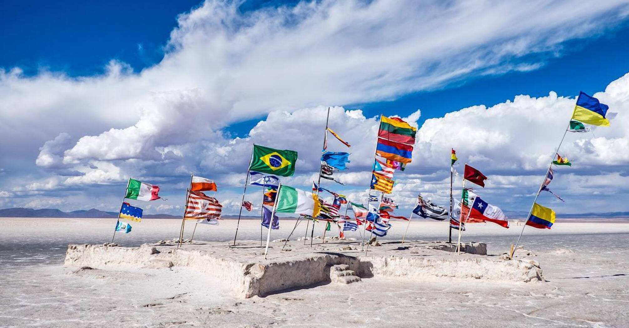 Flags waving in the wind.